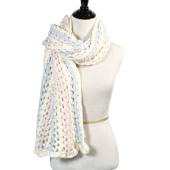Handmade Pastel Striped Crochet Shawl Wrap Scarf - Picture 4 of 15